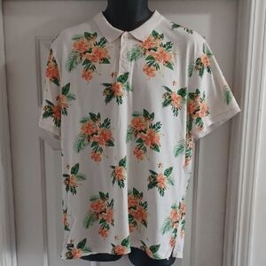Floral Print Men's Polo Shirt - White and Green